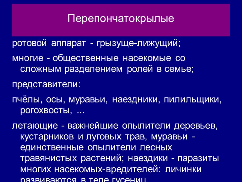 ротовой аппарат - грызуще-лижущий; многие - общественные насекомые со сложным разделением ролей в семье;